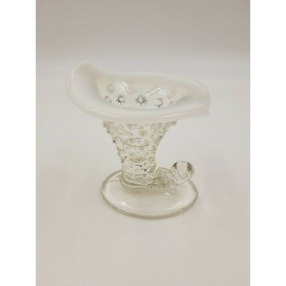 Fenton Cornucopia Hobnail Style White Opalescent Glass Small Horn Vase Art Glass - Picture 2 of 8